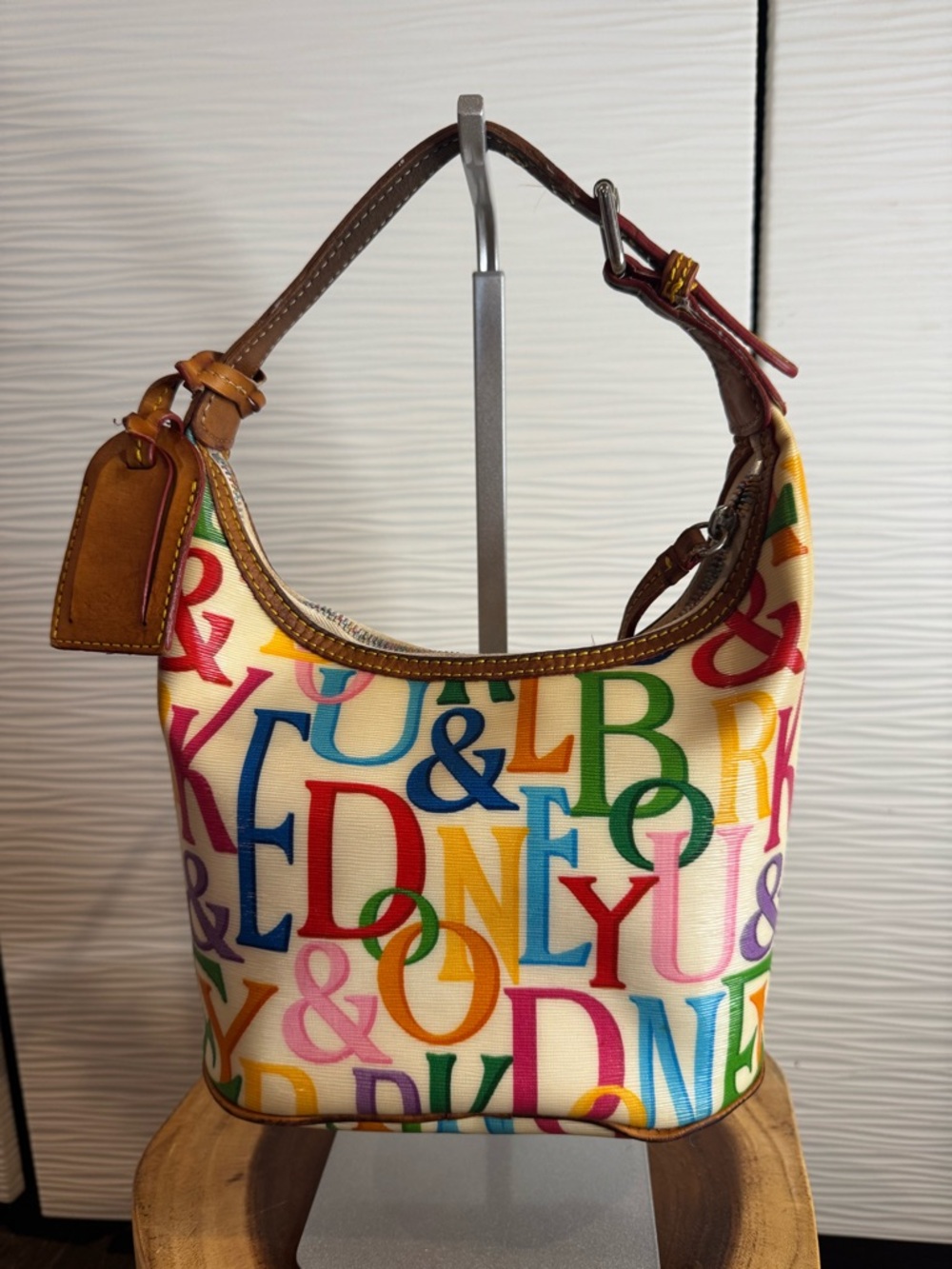 Y2K-vintage Dooney & Bourke “It Bag” Multicolor Letter-Print Hobo Shoulder Bag.